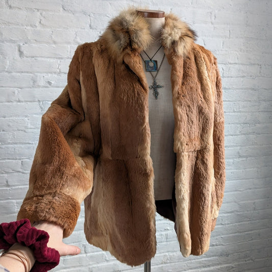 Vintage Rust Orange Rabbit Fur Coat Fuzzy Mobwife Cozy Plush Western Boho Jacket