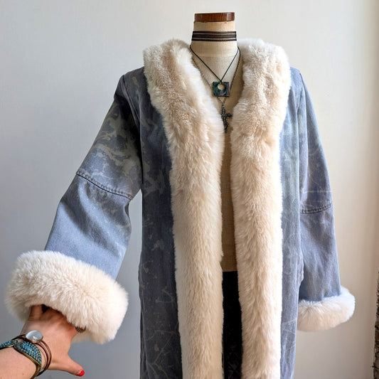 Y2K Faux Fur Penny Lane Coat Acid Wash Denim Trench Coat Afghan Jacket Large