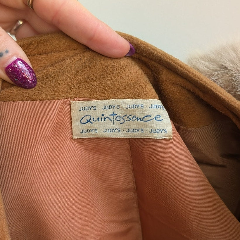 Vintage Brown Suede Fur Trim Penny Lane Jacket Furry Leather Trench Coat Medium
