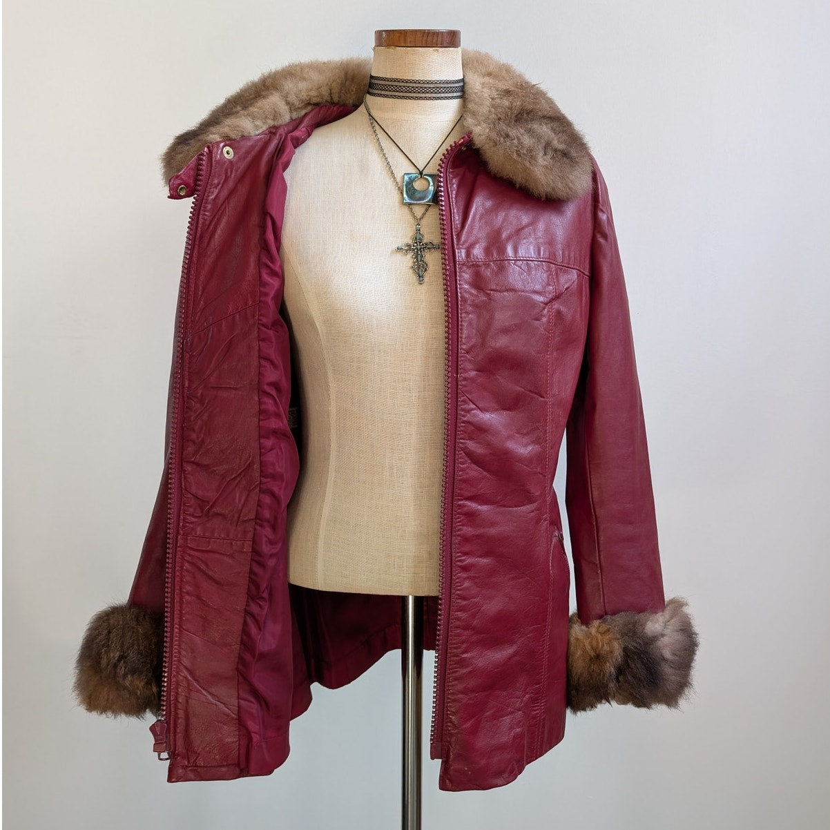 Vintage Red Leather Jacket Penny Lane Fur Trim Coat Grunge Boho Bomber Medium