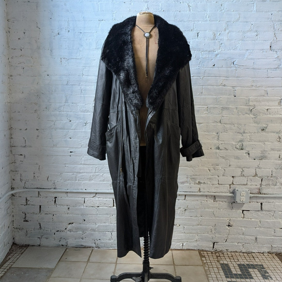 Vintage Black Leather Penny Lane Coat Faux Fur Trench Minimalist Goth Jacket