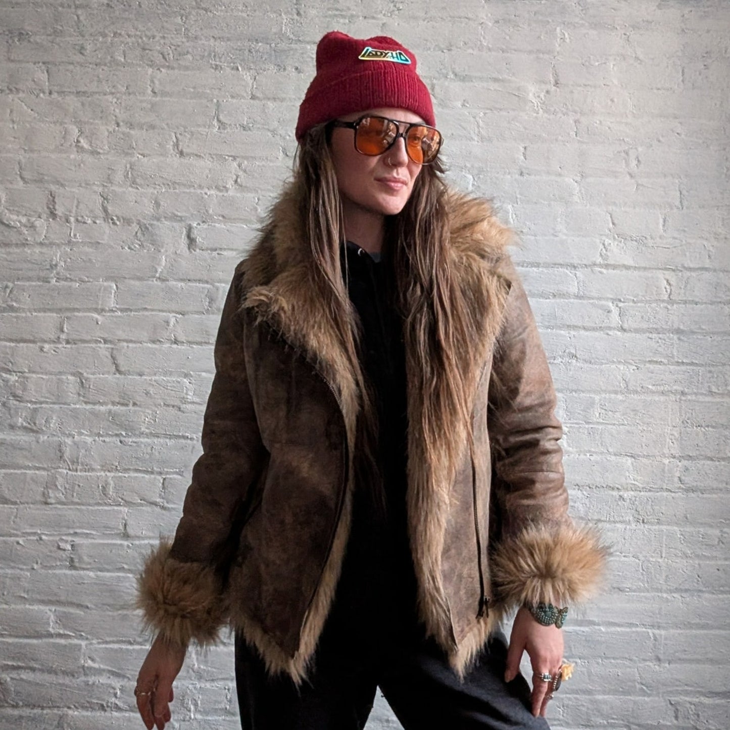 Vintage Brown Leather Fur Penny Lane Jacket Groovy Afghan Almost Famous Y2K Coat