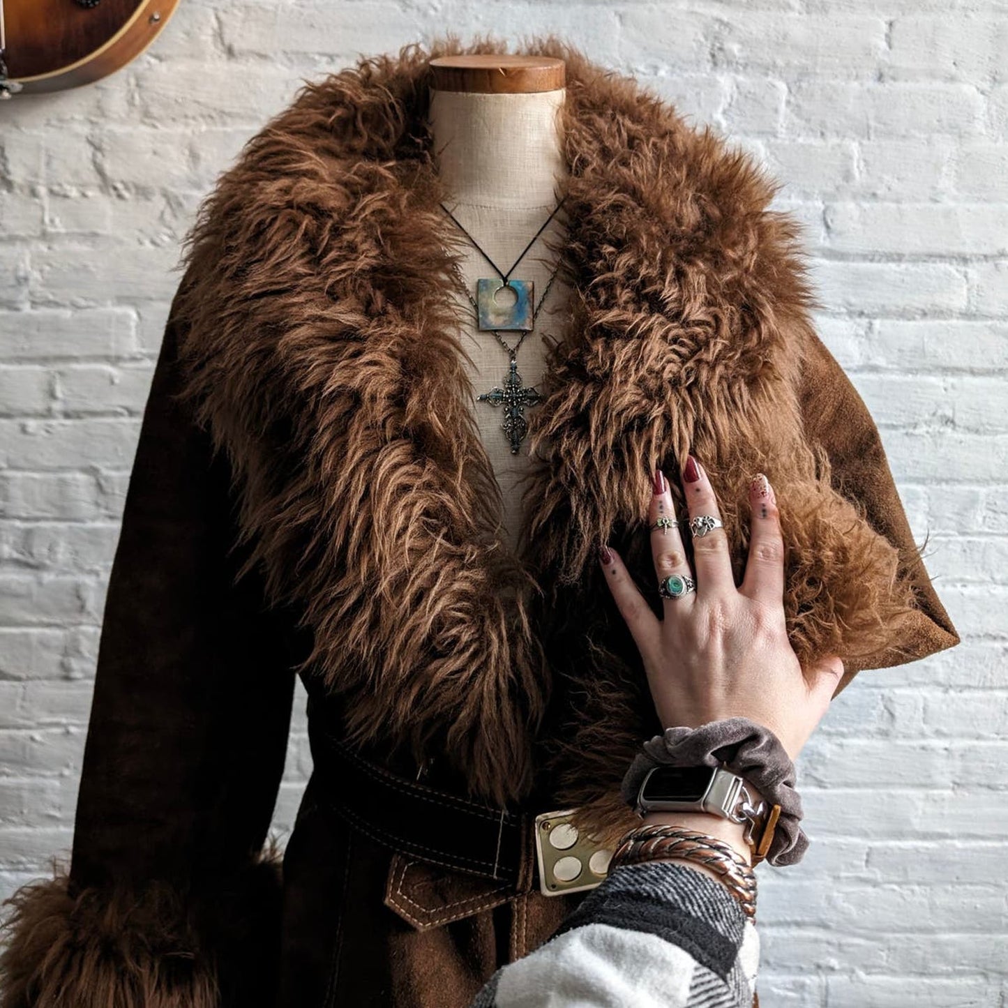 Vintage Penny Lane Fur Furry Genuine Suede Leather Groovy Mod Trench Coat Jacket