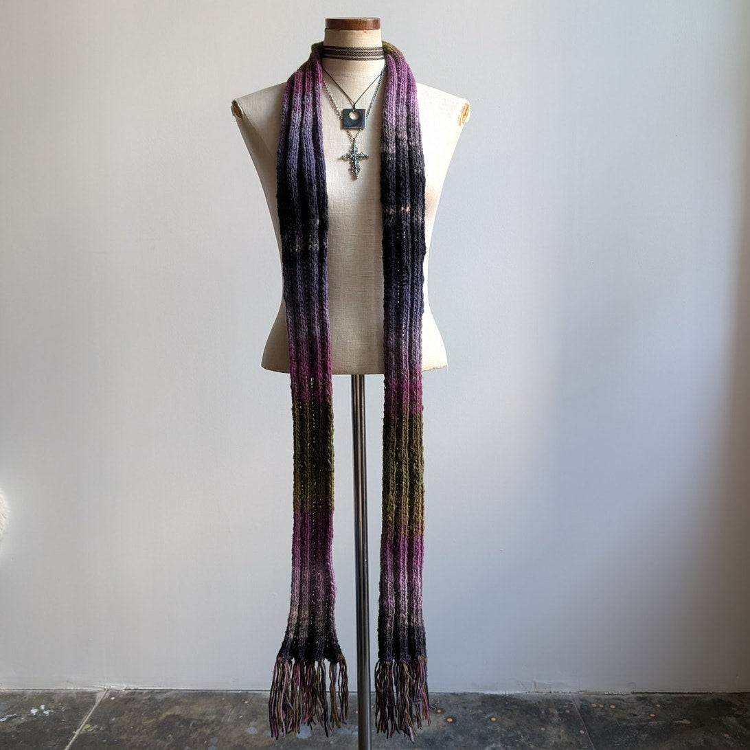 Vintage Chunky Knit Purple Green Stripe Scarf Grunge Earthy Fringe Boho Y2K Wrap