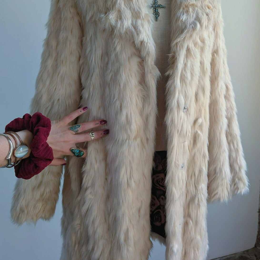 White Shaggy Faux Fur Trench Coat Cream Furry Penny Lane 70s Afghan Jacket Small