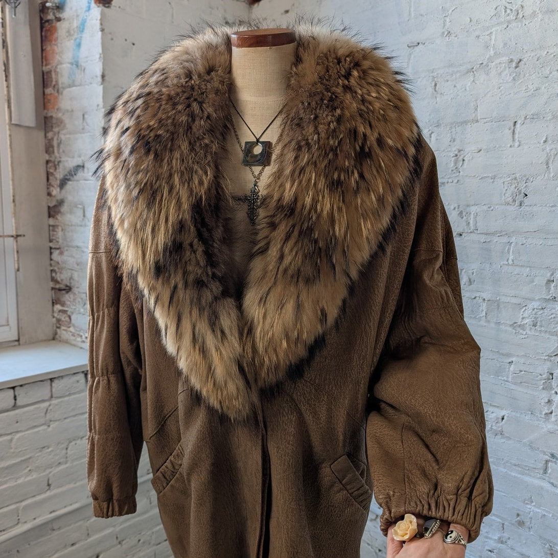 Vintage Tan Genuine Suede Raccoon Fur Trim Coat Leather Mini Trench Jacket