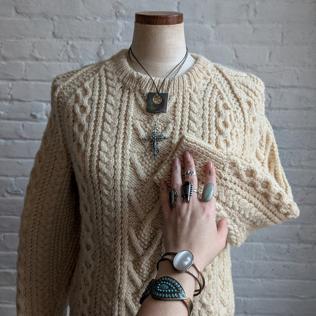 Vintage Wool Fisherman Knit Grandpa Sweater Minimalist Chunky Cable Knitted Top