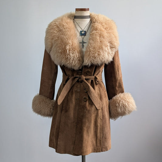 Vintage Brown Suede Fur Coat Boho Tan Leather Penny Lane Jacket Fur Trim Small