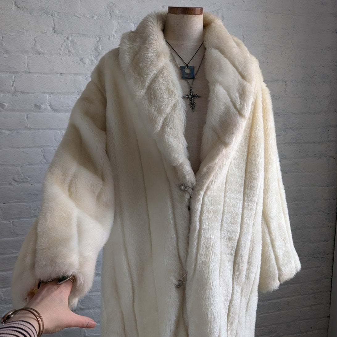 Vintage White Faux Fur Trench Coat Mob Wife Fuzzy Glam Plush Snow Bunny Jacket
