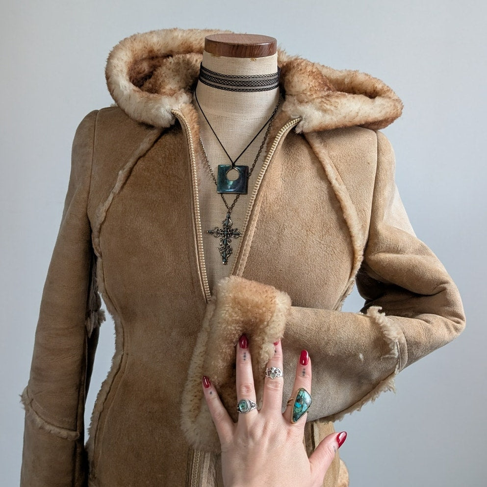 Vintage Tan Suede Shearling Coat Brown Wool Jacket Boho Chic Fur Coat Hood XS