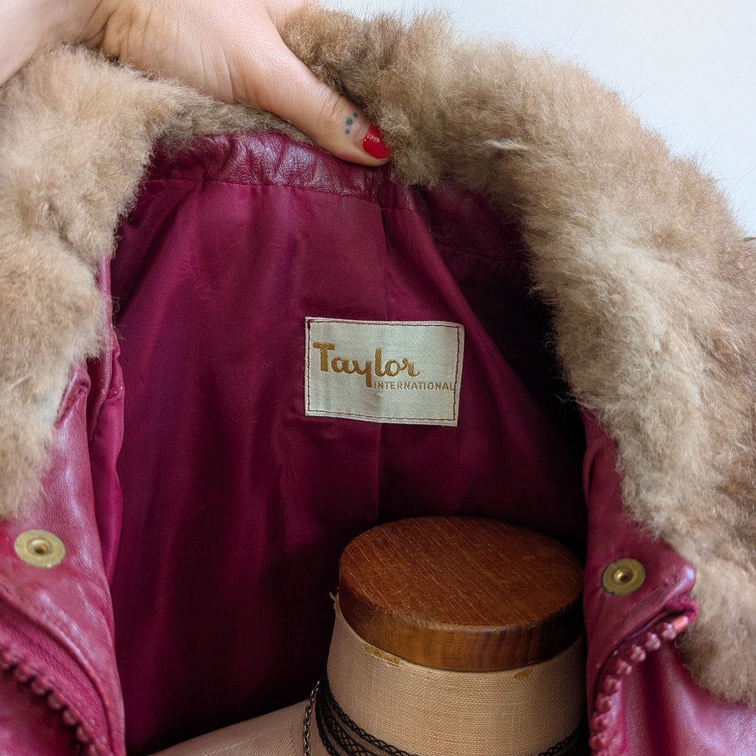 Vintage Red Leather Jacket Penny Lane Fur Trim Coat Grunge Boho Bomber Medium