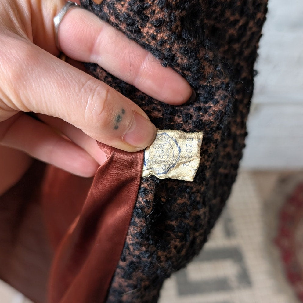 Vintage Black Rusty Fuzzy Wool Trench Coat Preppy Knit Boucle Boho Breezy Jacket