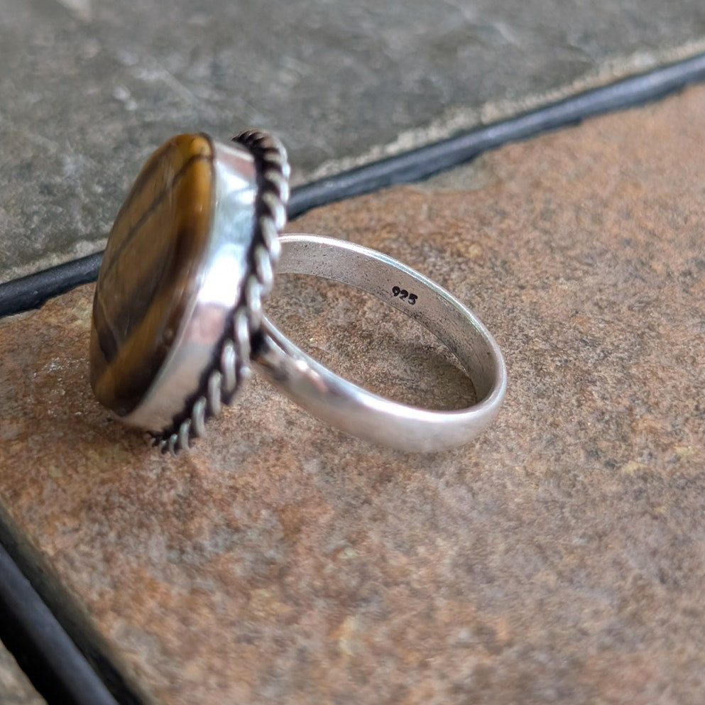 Golden Brown Tigers Eye Boho Statement Ring Round Silver Vintage Groovy Sz 8.75