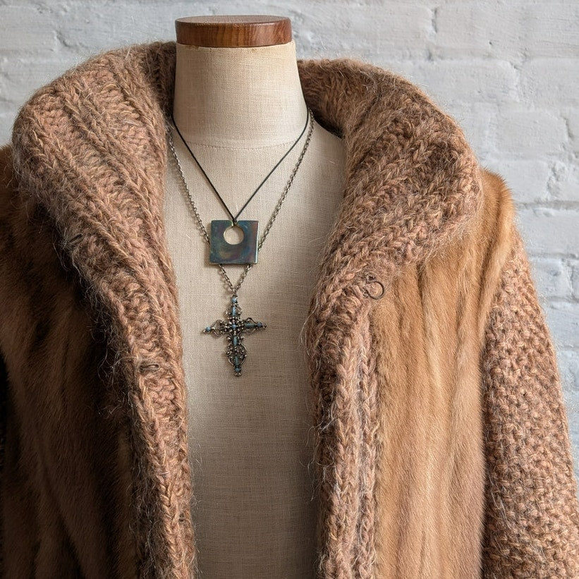 Vintage Chunky Knit Mink Fur Coat Mohair Sweater Vest Minimalist Boho Jacket