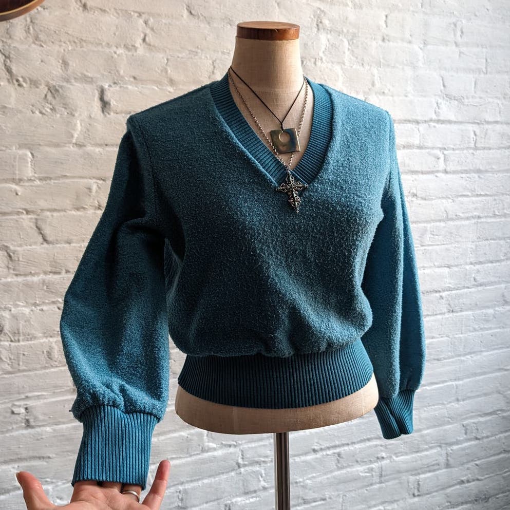 70s Vintage Blue Knit Towel Sweater Minimalist Groovy Terry Cloth Preppy Top