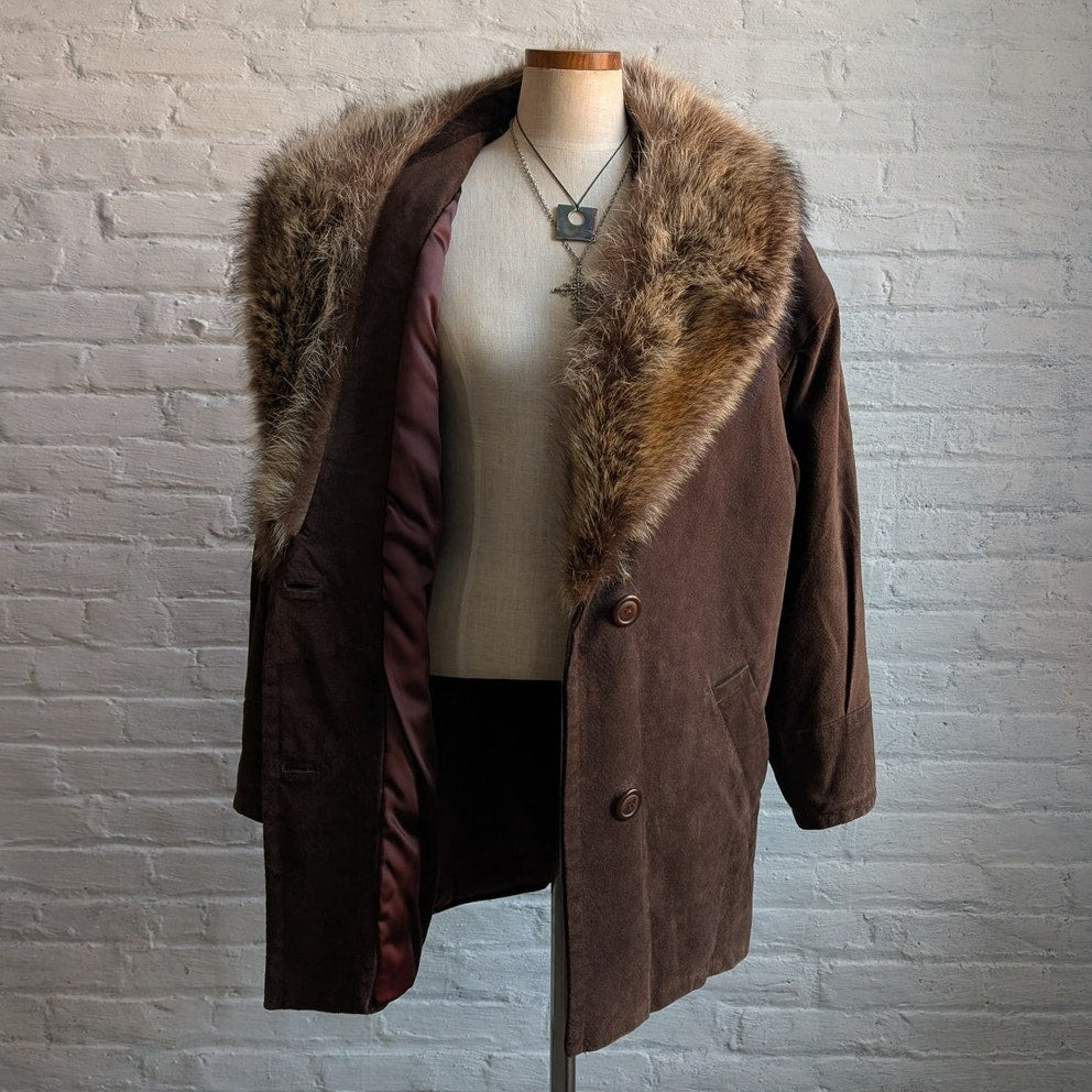 Vintage Brown Genuine Suede Fur Trim Coat Leather Minimalist Mini Trench Jacket