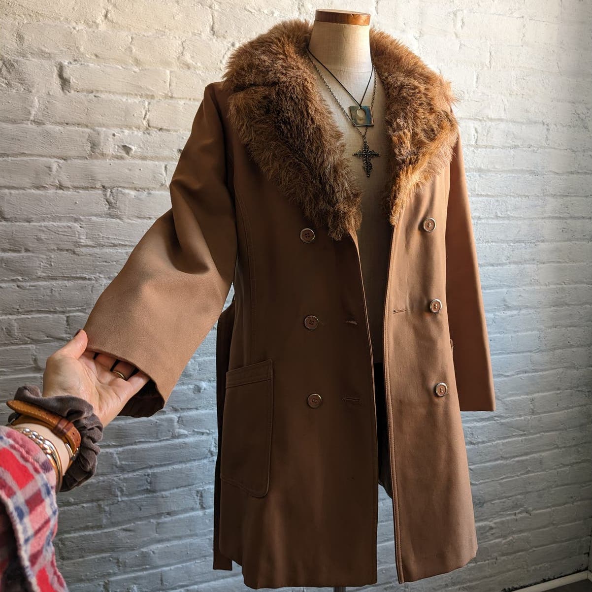 70s Vintage Faux Fur Brown Penny Lane Trench Coat Groovy Minimalist Chic Jacket