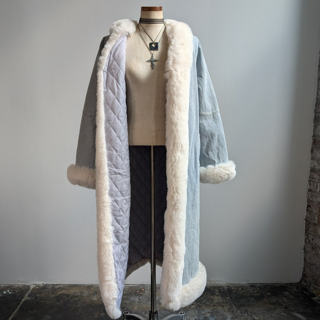 Y2K Faux Fur Penny Lane Afghan Coat Denim Trench Coat 90s Boho Jean Jacket Med