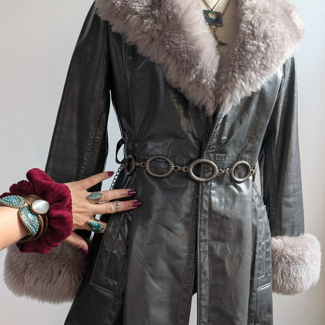 Vintage Blue Grey Leather Shearling Penny Lane Jacket Groovy Trench Coat Medium