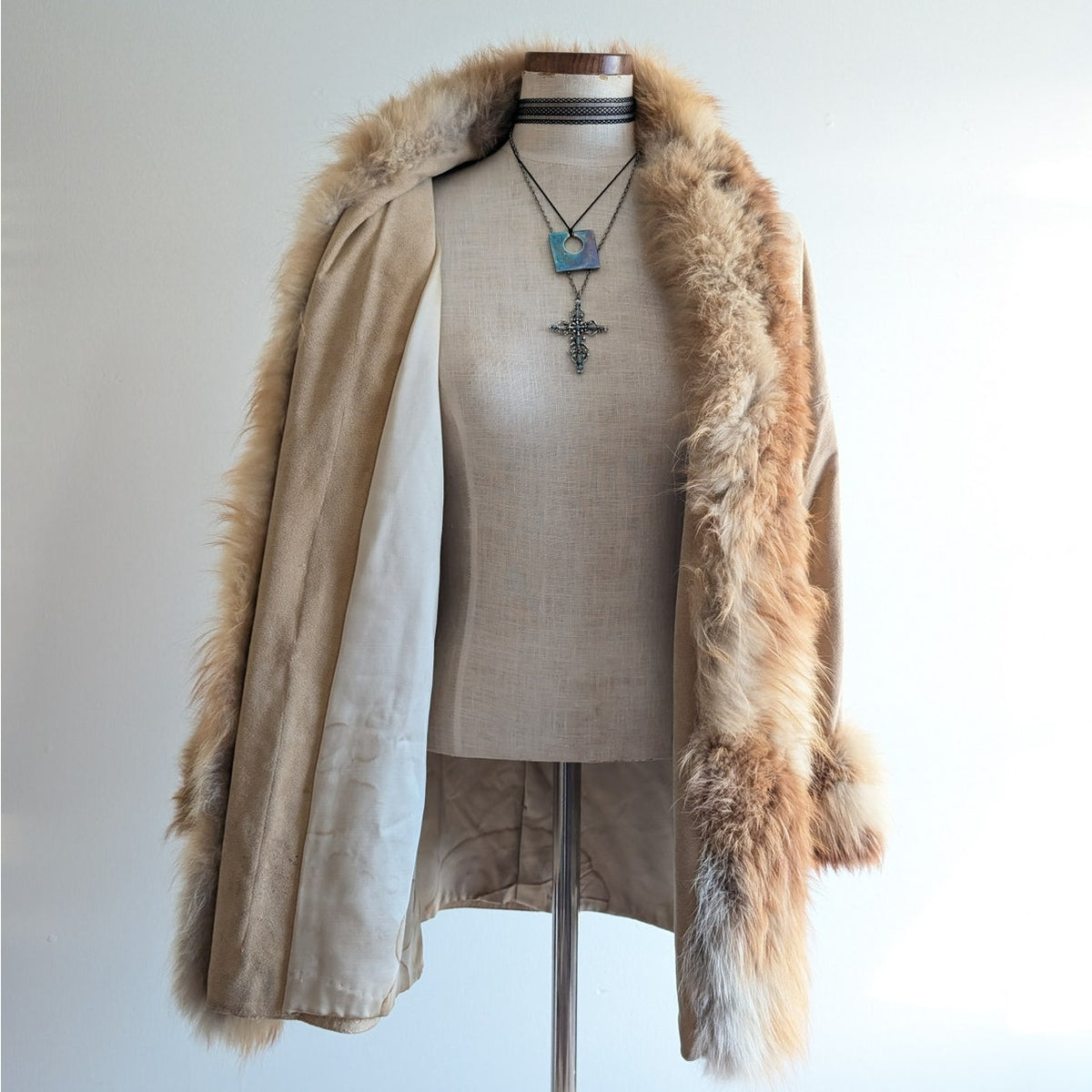 Vintage Tan Brown Afghan Jacket M 70s Shaggy Penny Lane Coat Red Fox Fur Trim