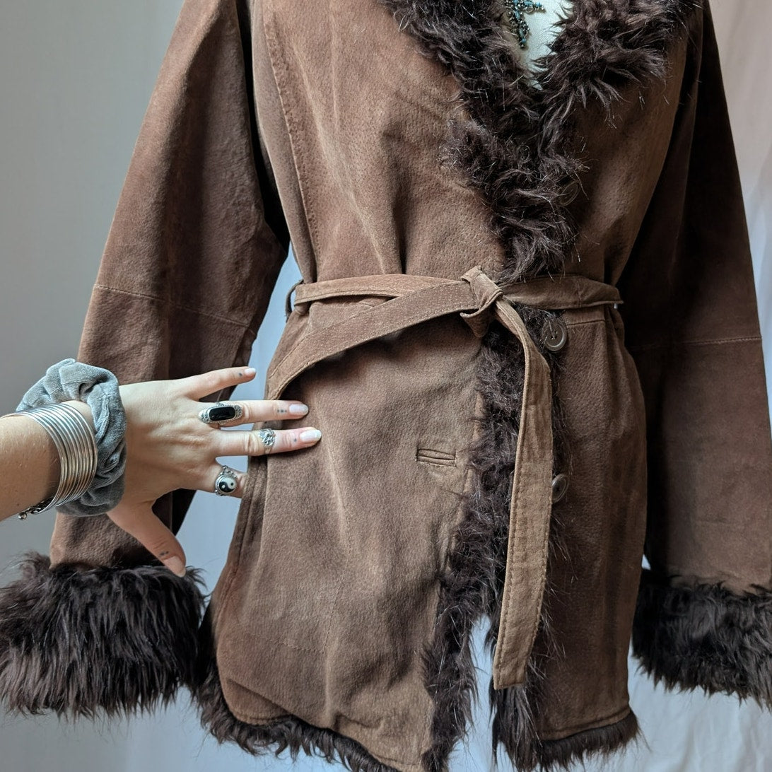 Y2K Vintage Brown Suede Penny Lane Coat M Faux Fur Leather Jacket Boho Afghan