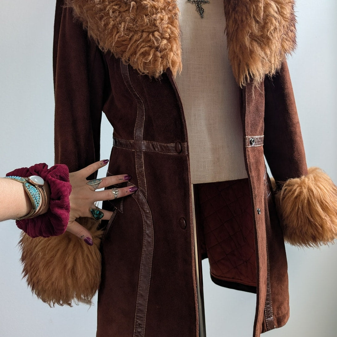 Vintage Brown Suede Penny Lane Jacket Groovy Fur Coat 70s Leather Western Medium