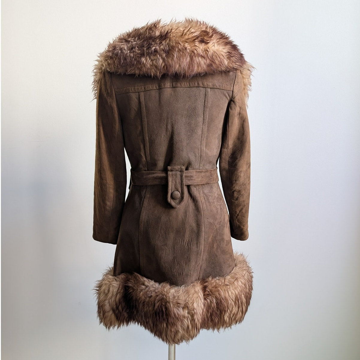 Vintage Brown Suede Fur Trim Penny Lane Jacket Genuine Leather Trench Coat Small