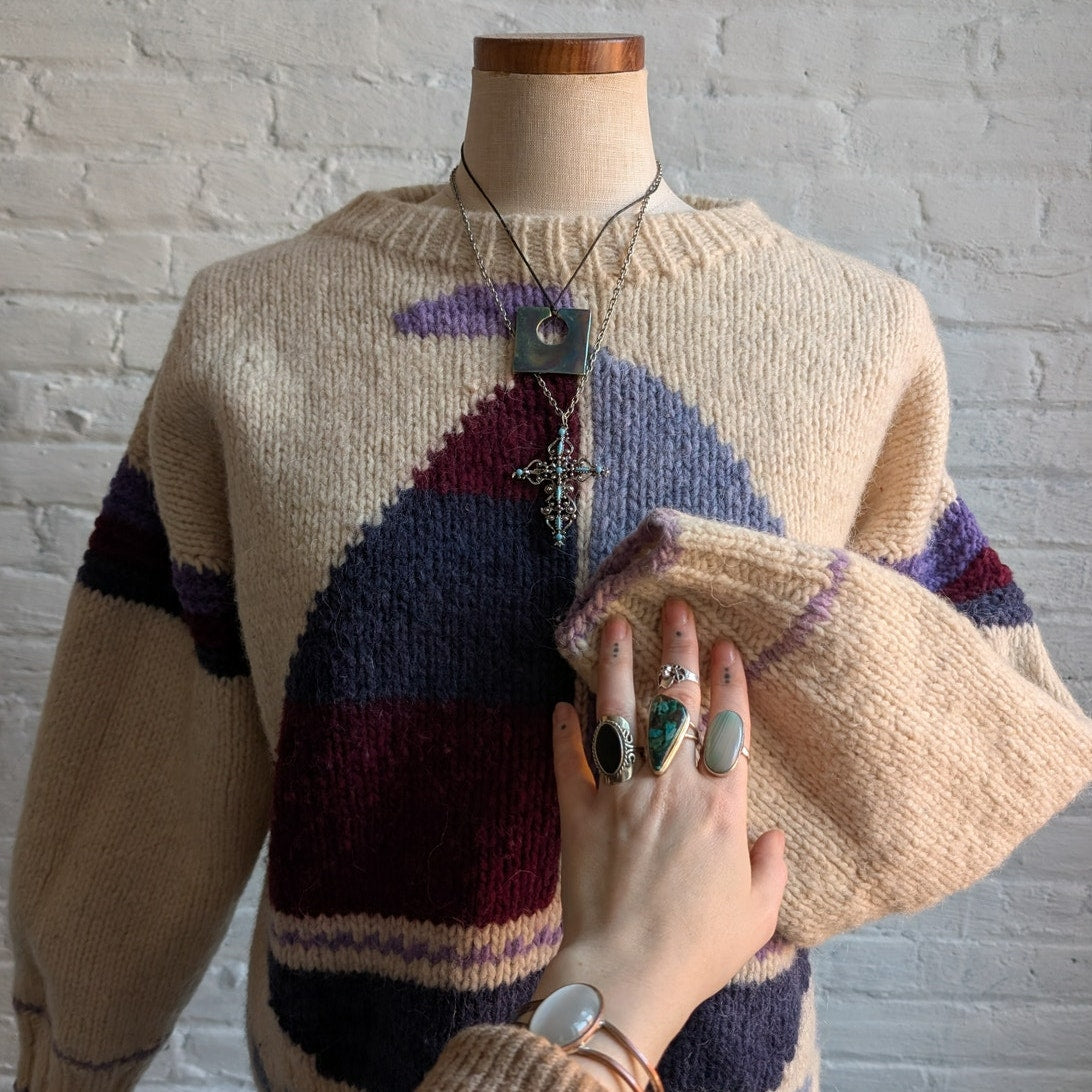 Vintage Wool Nautical Sweater Crewneck Knit Chunky Coastal Boho Grandpa Cozy Top