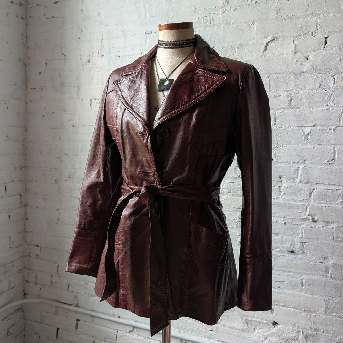 Vintage Red Leather Jacket Trench Coat Minimalist Grunge Chic Burgundy Medium