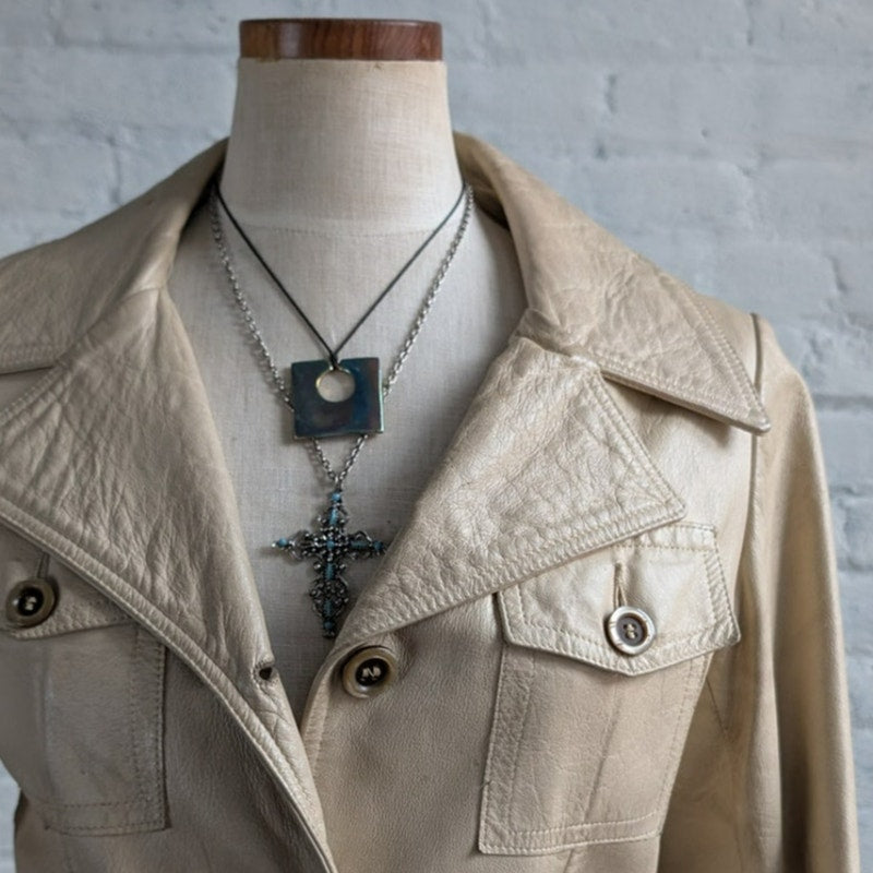 70s Vintage White Genuine Leather Trench Coat Minimalist Boho Moto Biker Jacket