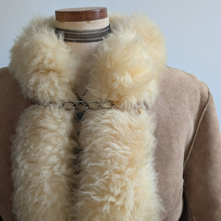 Vintage Brown Suede Fur Coat Boho Tan Leather Penny Lane Jacket Fur Trim Medium