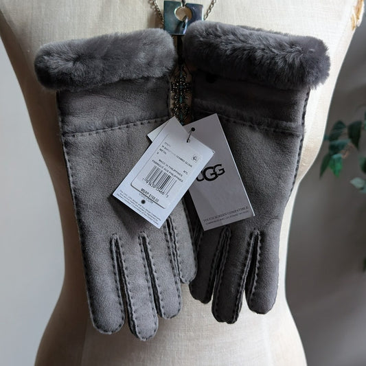 UGG Sheepskin Suede Gloves Fur Trim Gloves Gray Chic Leather Luxury New Small