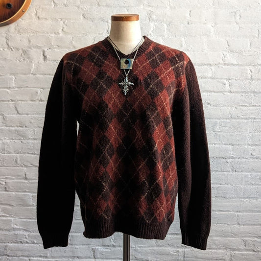 Vintage Brown Knit Wool Grandpa Sweater Argyle Nerdcore Minimalist Preppy Top
