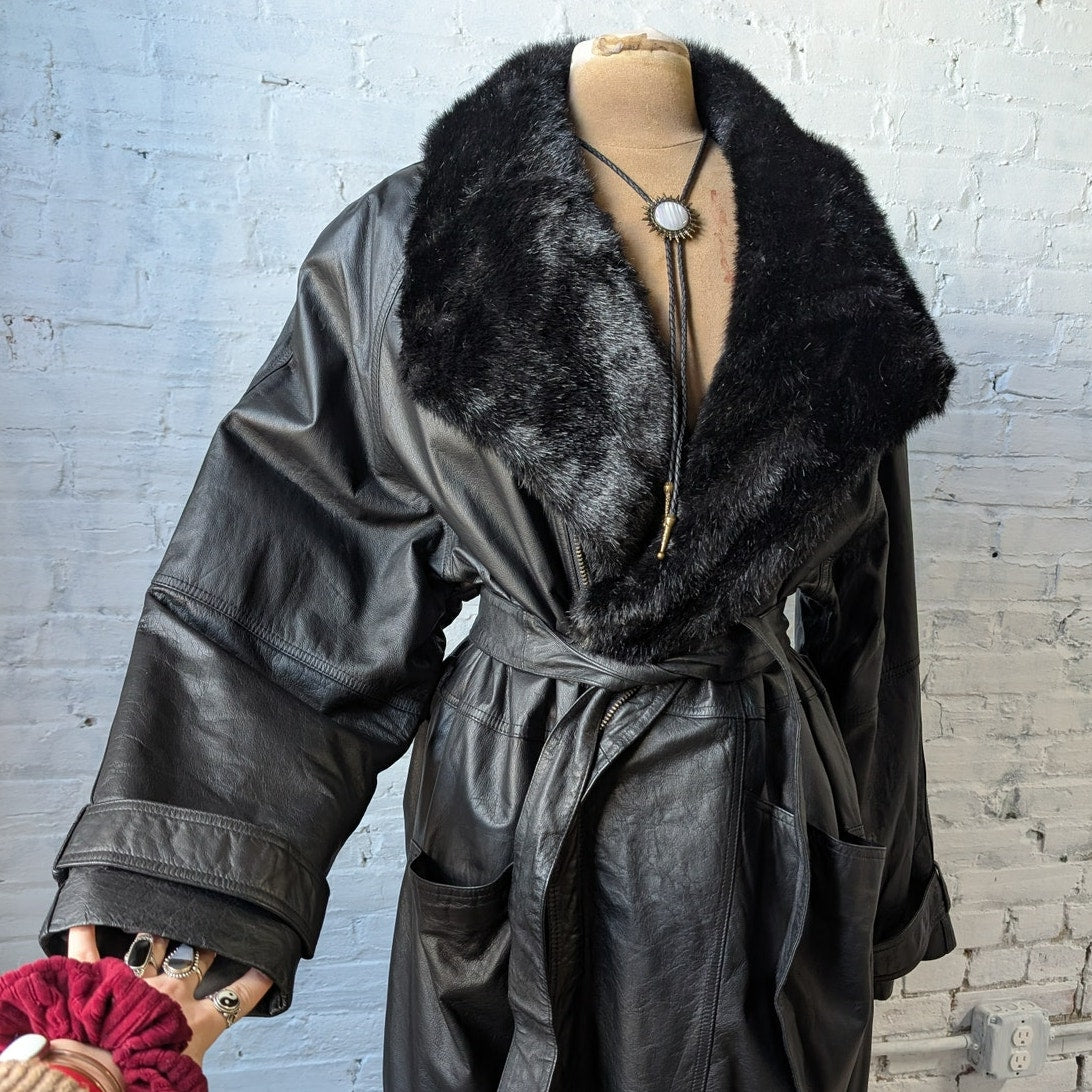 Vintage Black Leather Penny Lane Coat Faux Fur Trench Minimalist Goth Jacket