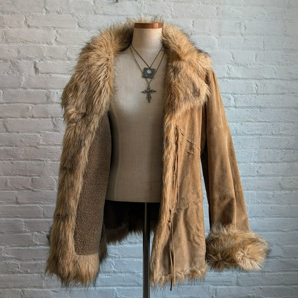 Vintage Brown Suede Penny Lane Jacket Afghan Faux Fur Groovy Leather Trench Coat