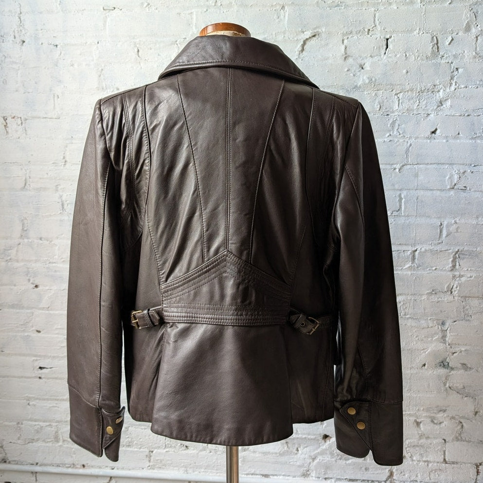 Vintage Brown Leather Jacket Y2K Sexy Lambskin Moto Chic Biker Bomber Coat Large
