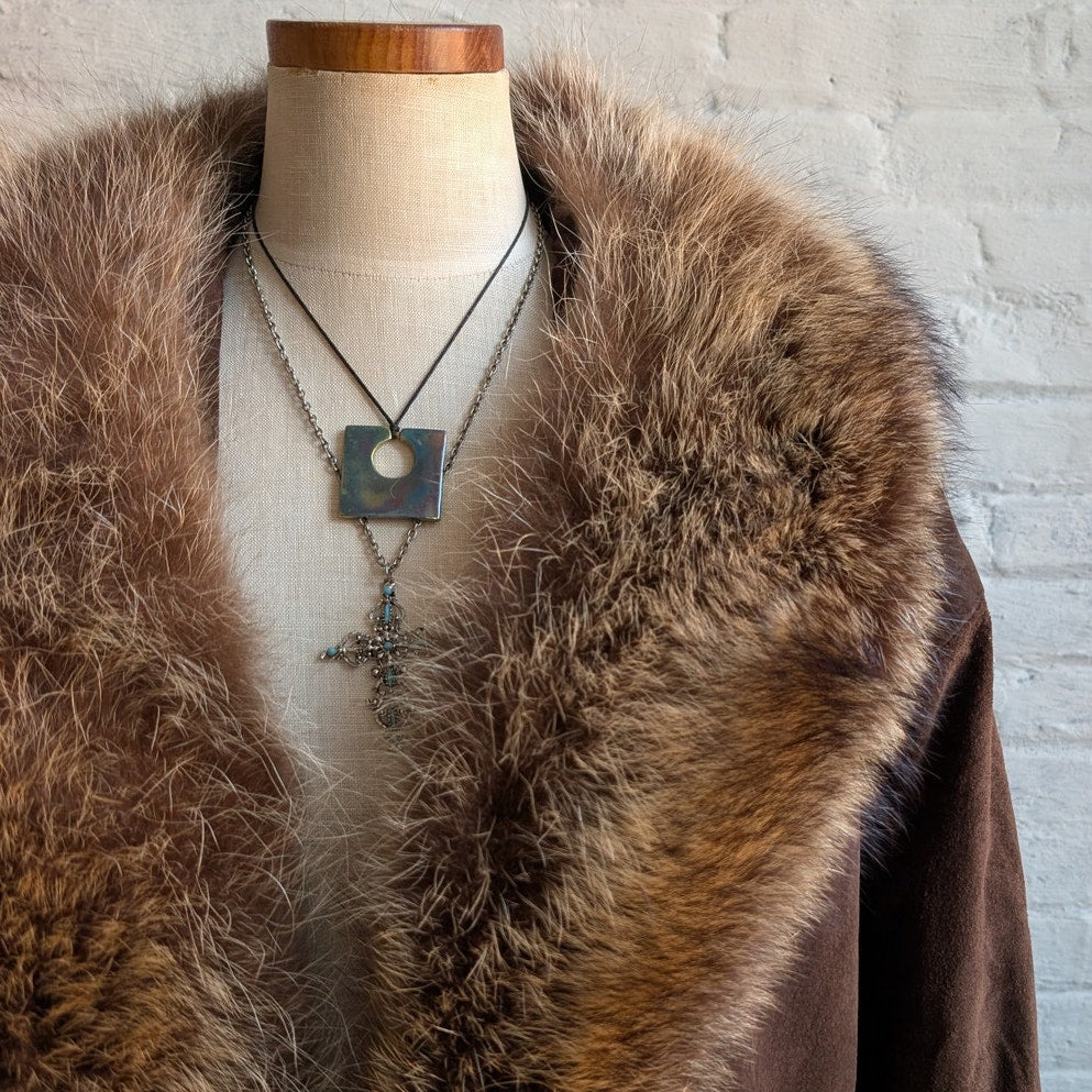 Vintage Brown Genuine Suede Fur Trim Coat Leather Minimalist Mini Trench Jacket