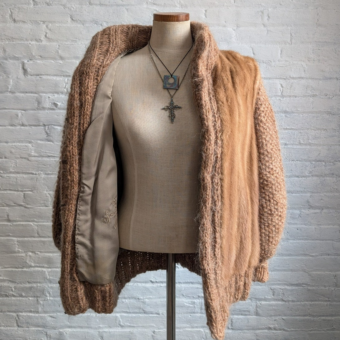 Vintage Chunky Knit Mink Fur Coat Mohair Sweater Vest Minimalist Boho Jacket