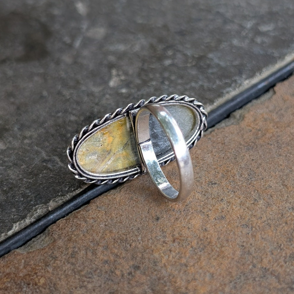 Mustard Oval Silver Boho Chic Statement Ring Groovy Vintage Southwest Size 9