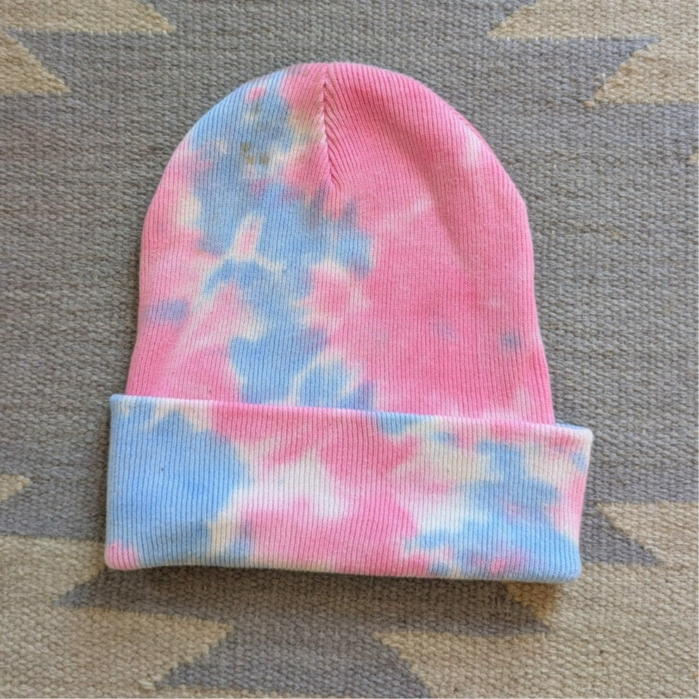 Tie Dye Beanie Pink Blue Cotton Knit Festival Hat Embroidered Exit Bellingham