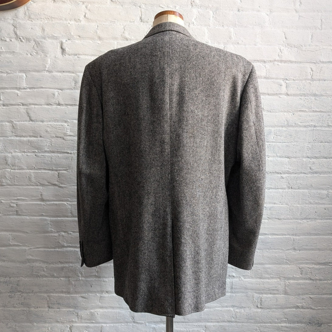 Vintage Wool Chevron Blazer Minimalist Preppy Jacket Chic Office Gray Coat Large