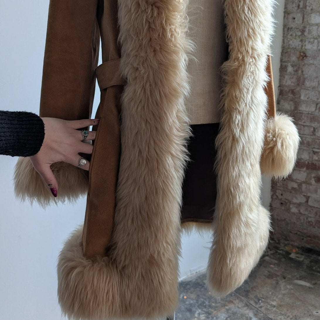 Vintage Tan Brown Suede Penny Lane Jacket Fur Furry Leather Trench Coat Small
