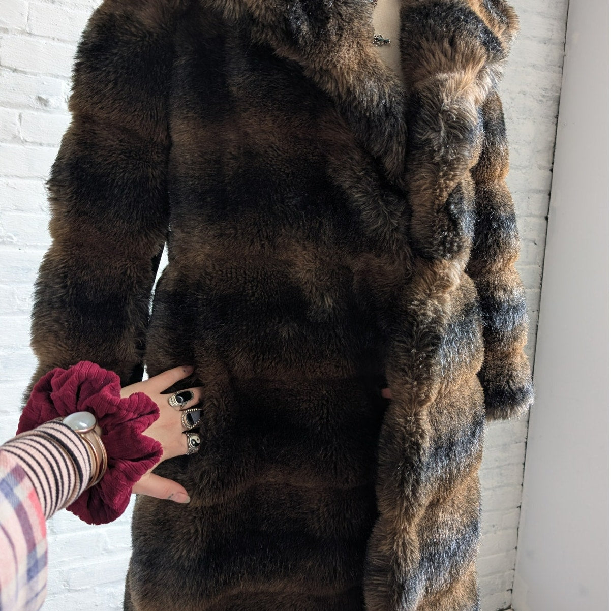 Vintage Ombre Faux Fur Coat Trench Shaggy Faux Leather Groovy Glam Plush Jacket