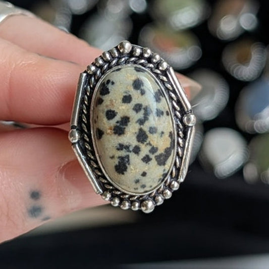 White Cowprint Sterling Silver Ring Retro Vintage Boho Natural Stone Size 8.75