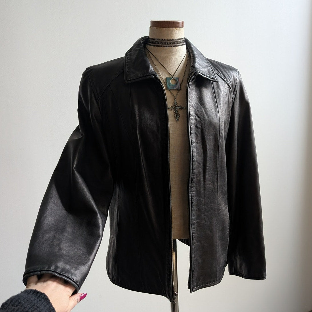 Y2K Vintage Black Leather Moto Jacket Lambskin Coat Minimalist Biker Goth Large