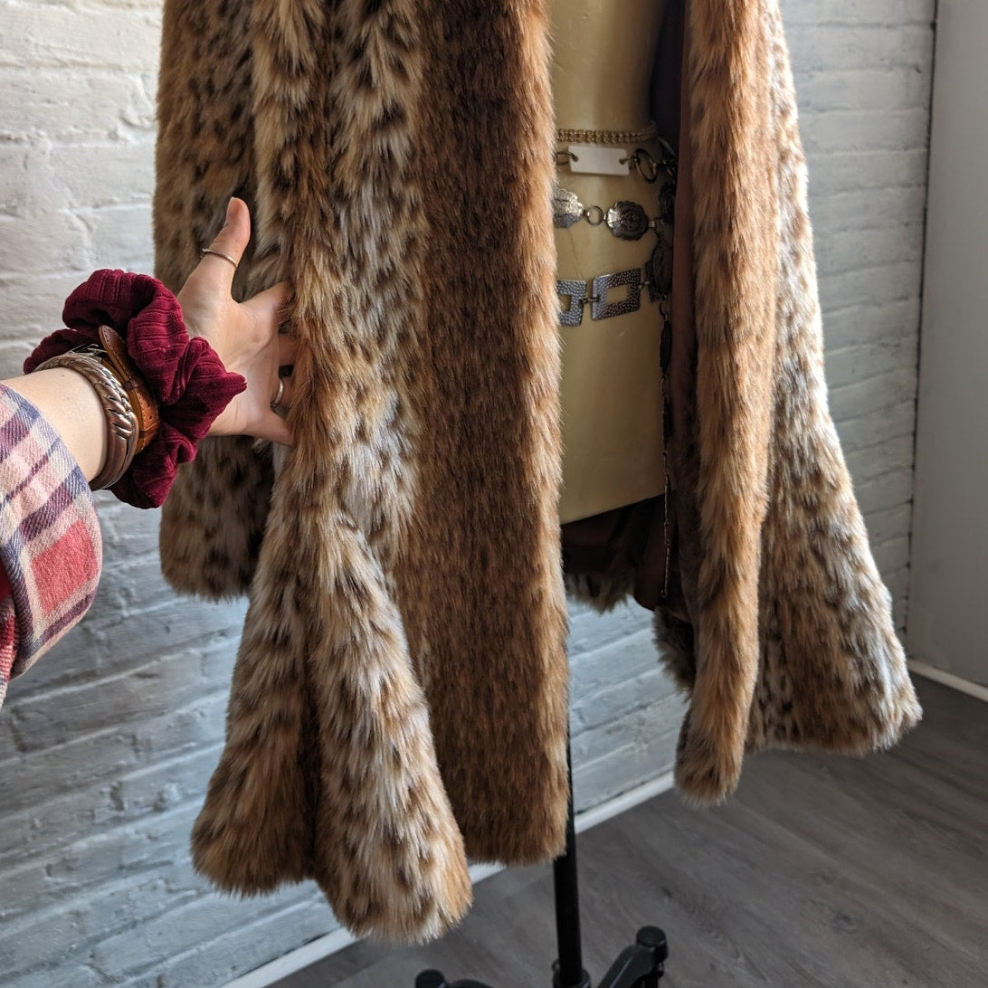 Vintage Cheetah Leopard Print Faux Fur Coat Trench Shaggy Groovy Grunge Jacket
