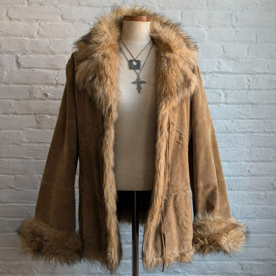 Vintage Brown Suede Penny Lane Jacket Afghan Faux Fur Groovy Leather Trench Coat