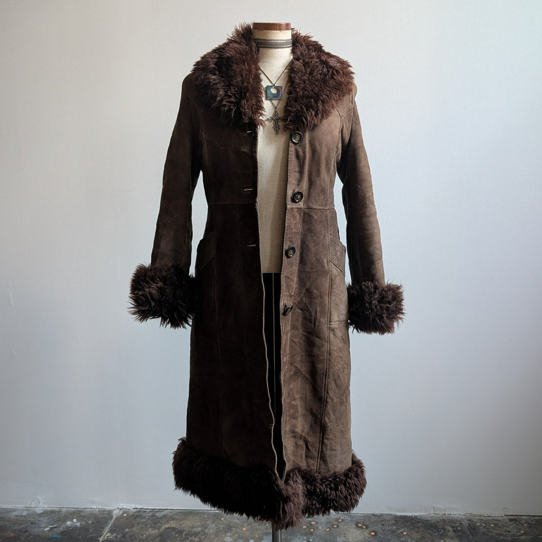 Vintage Brown Suede Penny Lane Jacket Fur Furry Leather Groovy Trench Coat Small