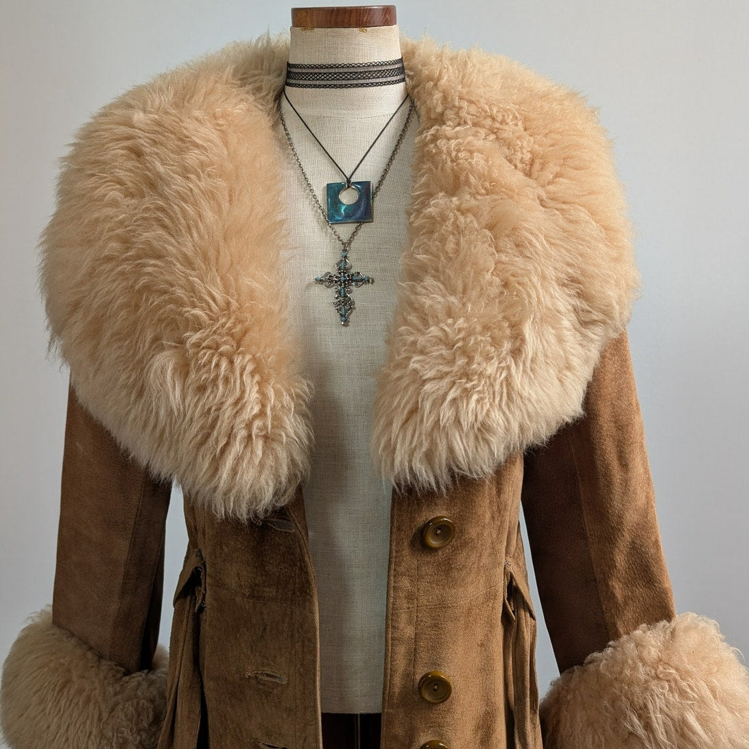 Vintage Brown Suede Fur Coat Boho Tan Leather Penny Lane Jacket Fur Trim Small