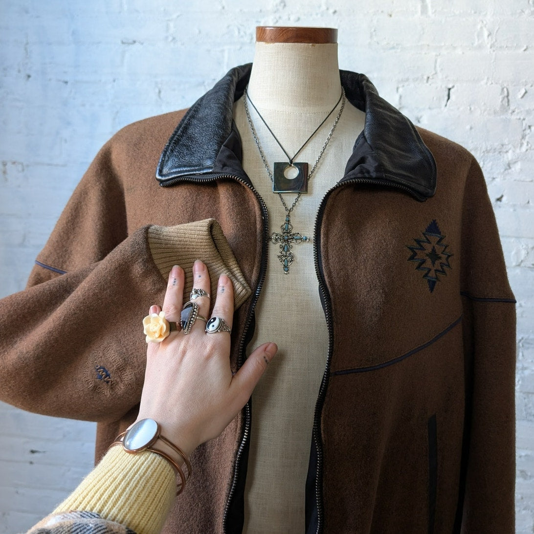 Vintage Brown Wool Leather Bomber Jacket Western Utility Cowboy Chore Coat Large